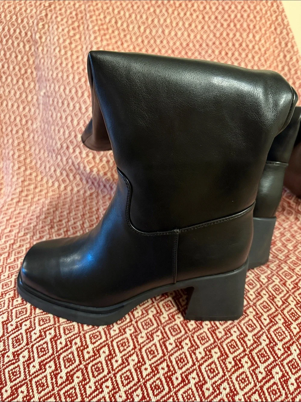 ISNOM Chunky Black Knee Platform Boots with Block Heel